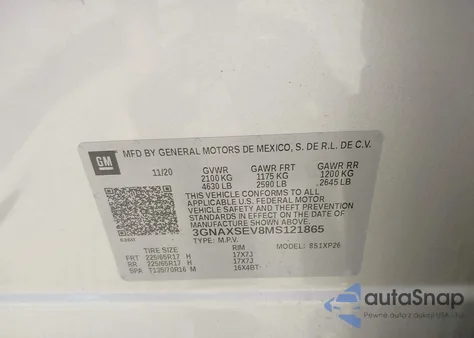 2021 Chevrolet Equinox Awd Ls из США, поврежденный, VIN 3GNAXSEV8MS121865